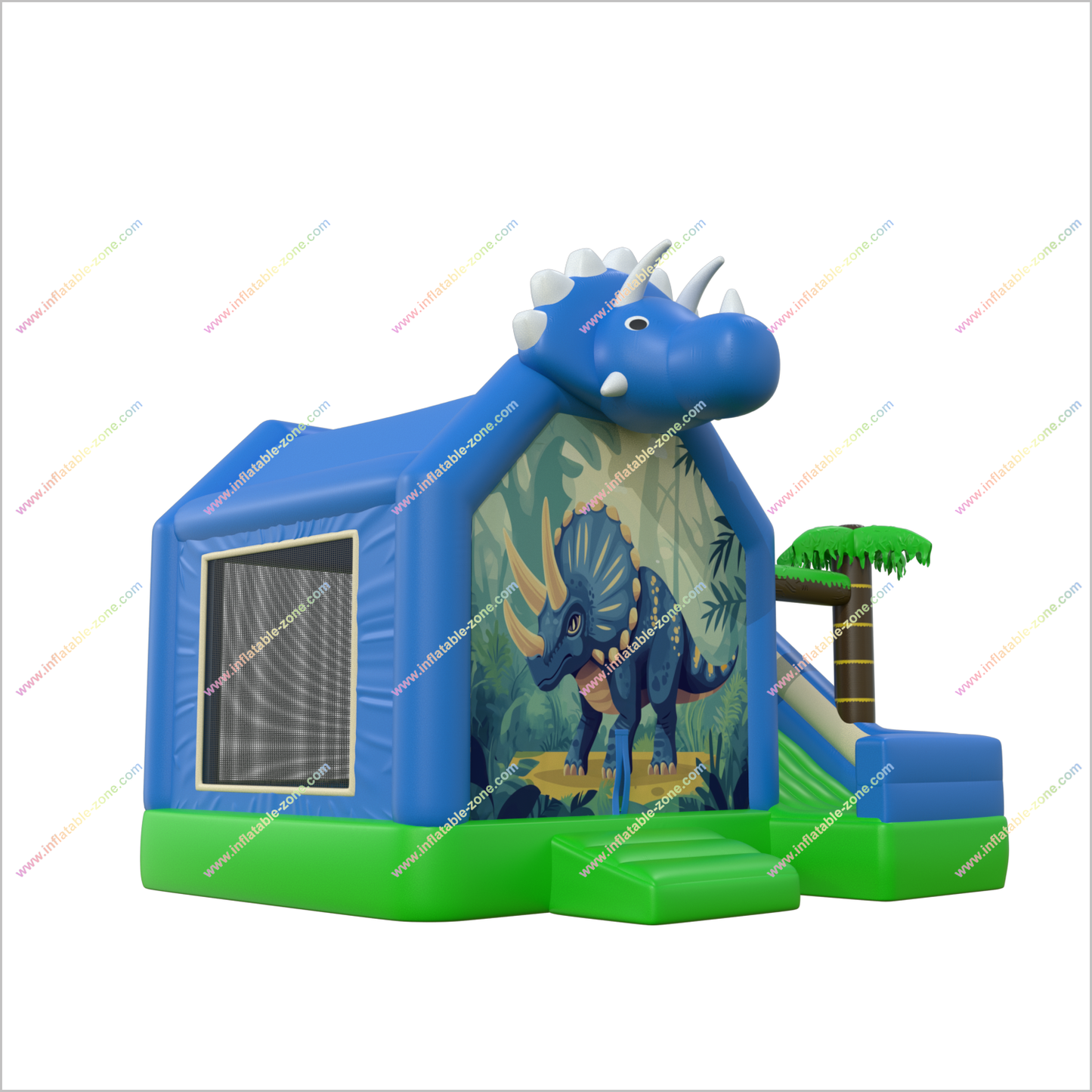 Blue Dinosaur Bounce House Slide Commercial Inflatable Combo Blow Up Triceratops Bouncy Castle With Slide For Sale - Inflatable-Zone