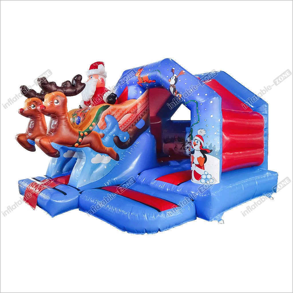 3D Christmas Santa Out Sunny Bouncy Castle Curved Slide Combo Inflatable Bounce House Rentals Near Me - Inflatable-Zone
