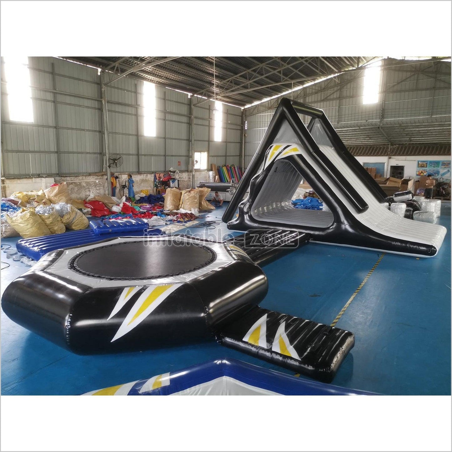 New Black Inflatable Water Floating Trampoline Combo With Launch And Slide - Inflatable-Zone