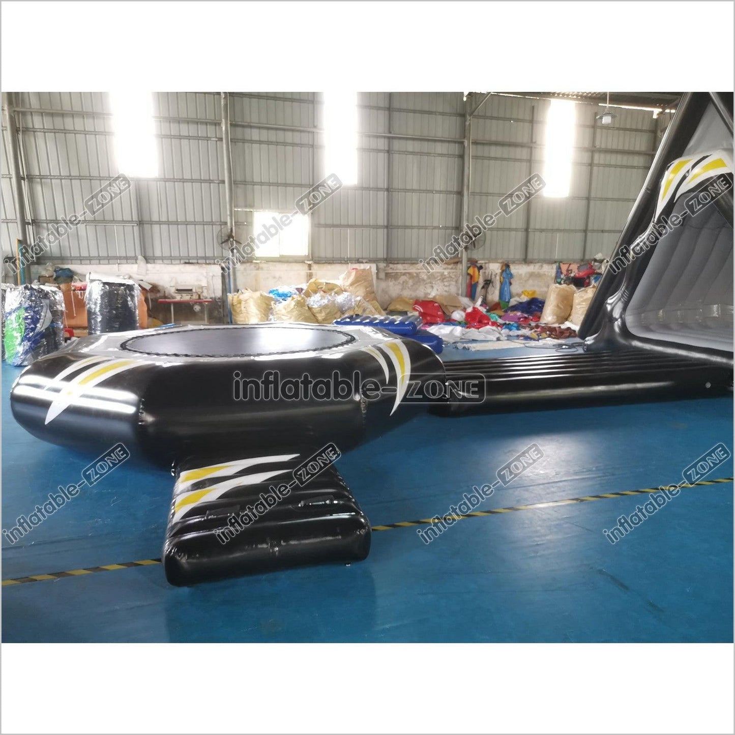 New Black Inflatable Water Floating Trampoline Combo With Launch And Slide - Inflatable-Zone