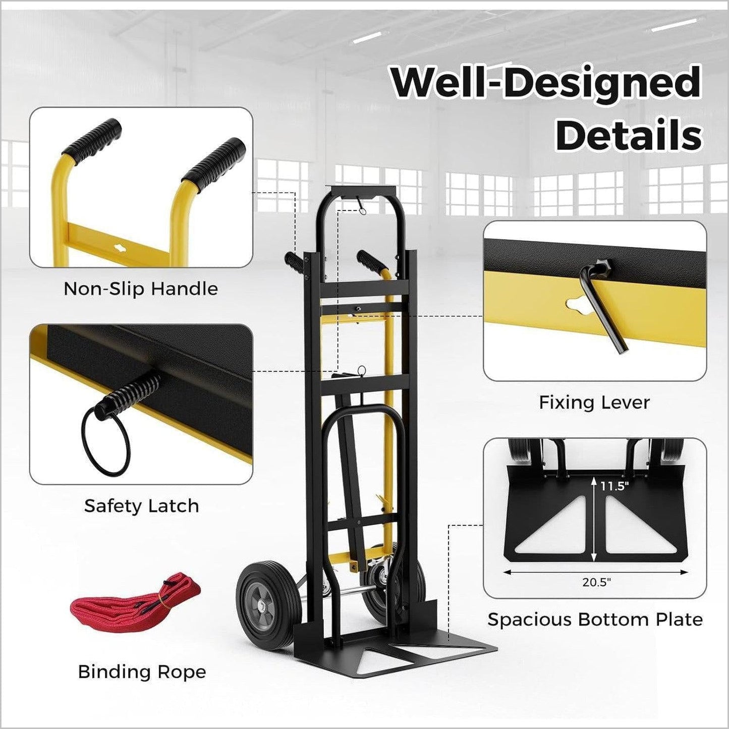 Convertible Hand Truck, 3-in-1 Metal Dolly Cart with 4 Rubber Wheels, 1000 lbs Max Load Capacity, Heavy-Duty Industrial Collapsible Cart - Inflatable-Zone