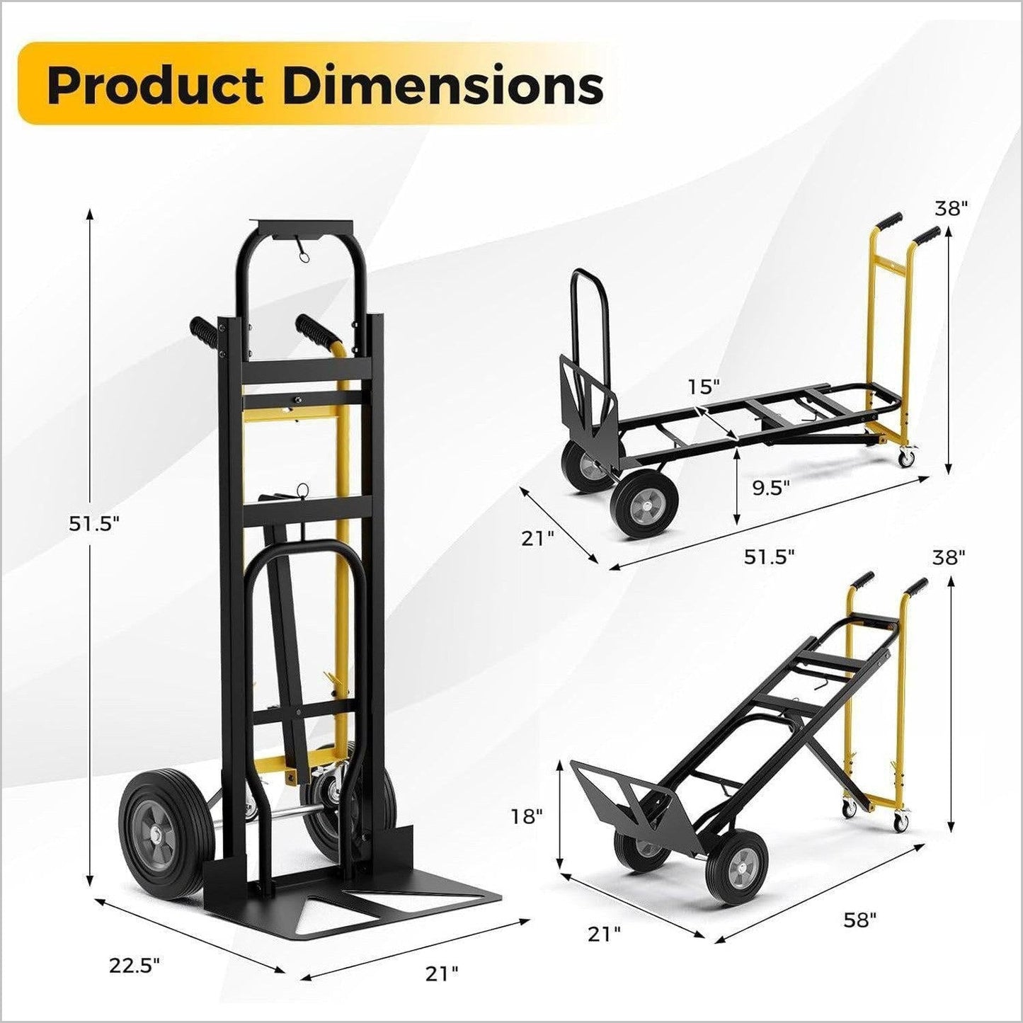 Convertible Hand Truck, 3-in-1 Metal Dolly Cart with 4 Rubber Wheels, 1000 lbs Max Load Capacity, Heavy-Duty Industrial Collapsible Cart - Inflatable-Zone