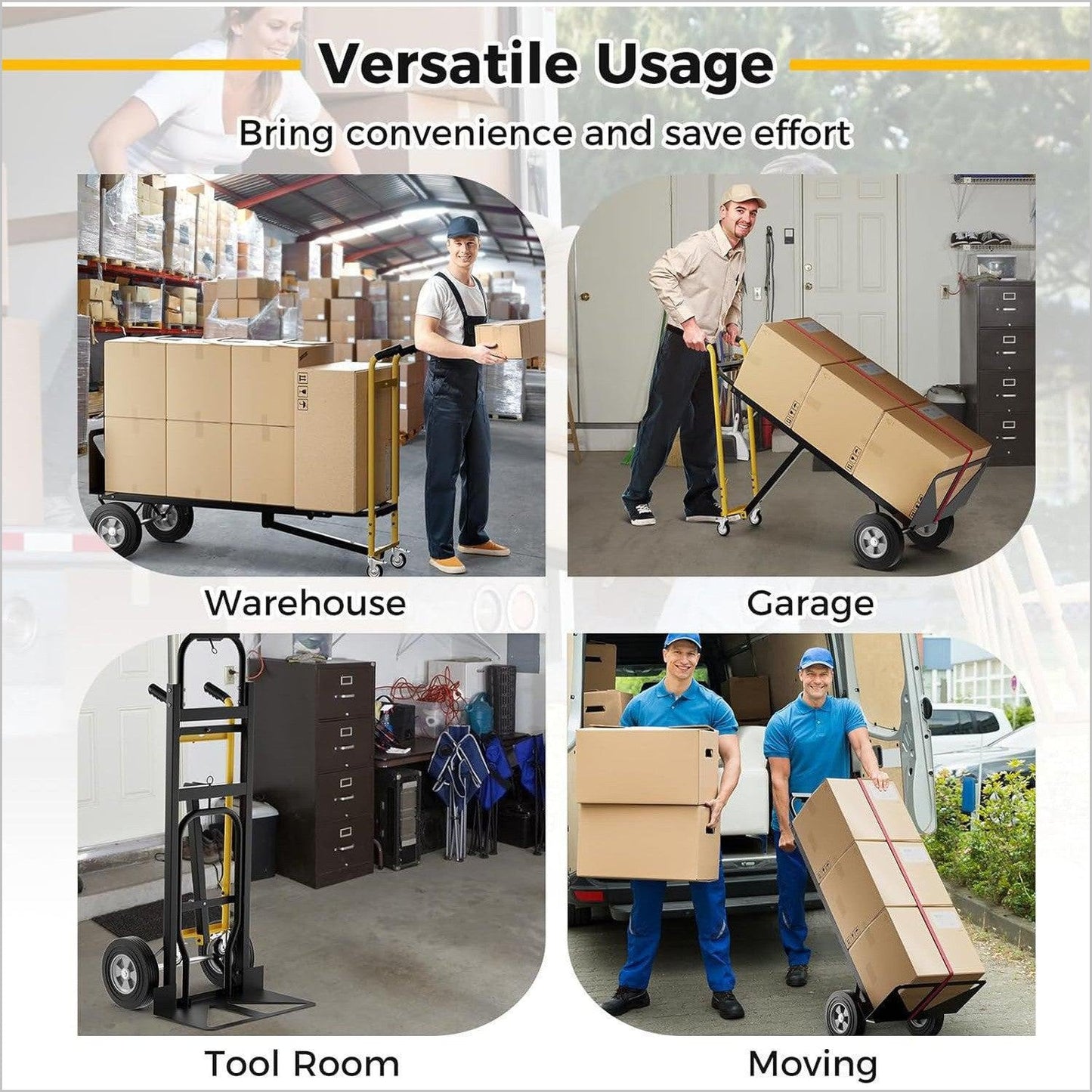 Convertible Hand Truck, 3-in-1 Metal Dolly Cart with 4 Rubber Wheels, 1000 lbs Max Load Capacity, Heavy-Duty Industrial Collapsible Cart - Inflatable-Zone