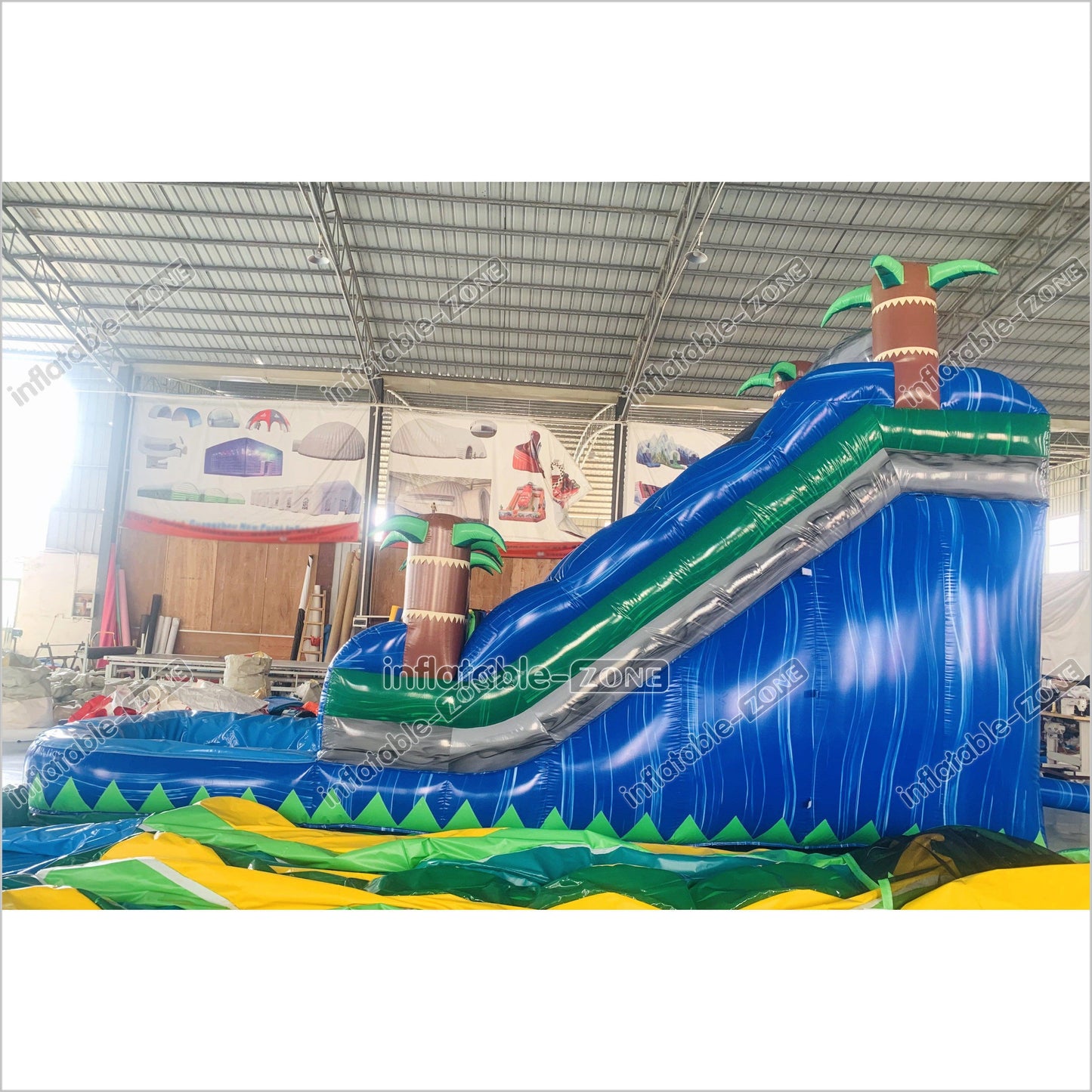Blue Palm Tree Inflatable Water Slide Inflatable Bouncer Tropical Jumping Castle Waterslide With Small Pool - Inflatable-Zone
