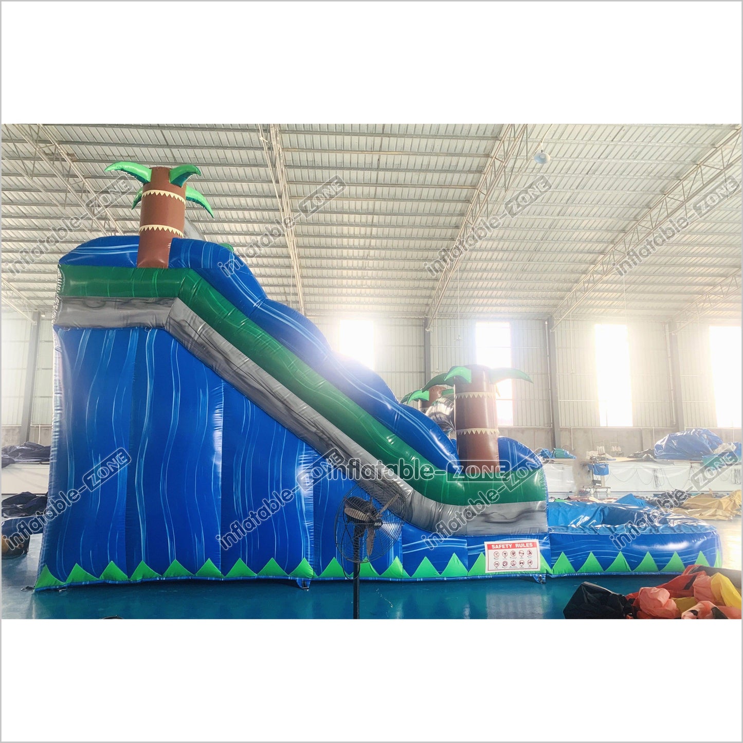 Blue Palm Tree Inflatable Water Slide Inflatable Bouncer Tropical Jumping Castle Waterslide With Small Pool - Inflatable-Zone