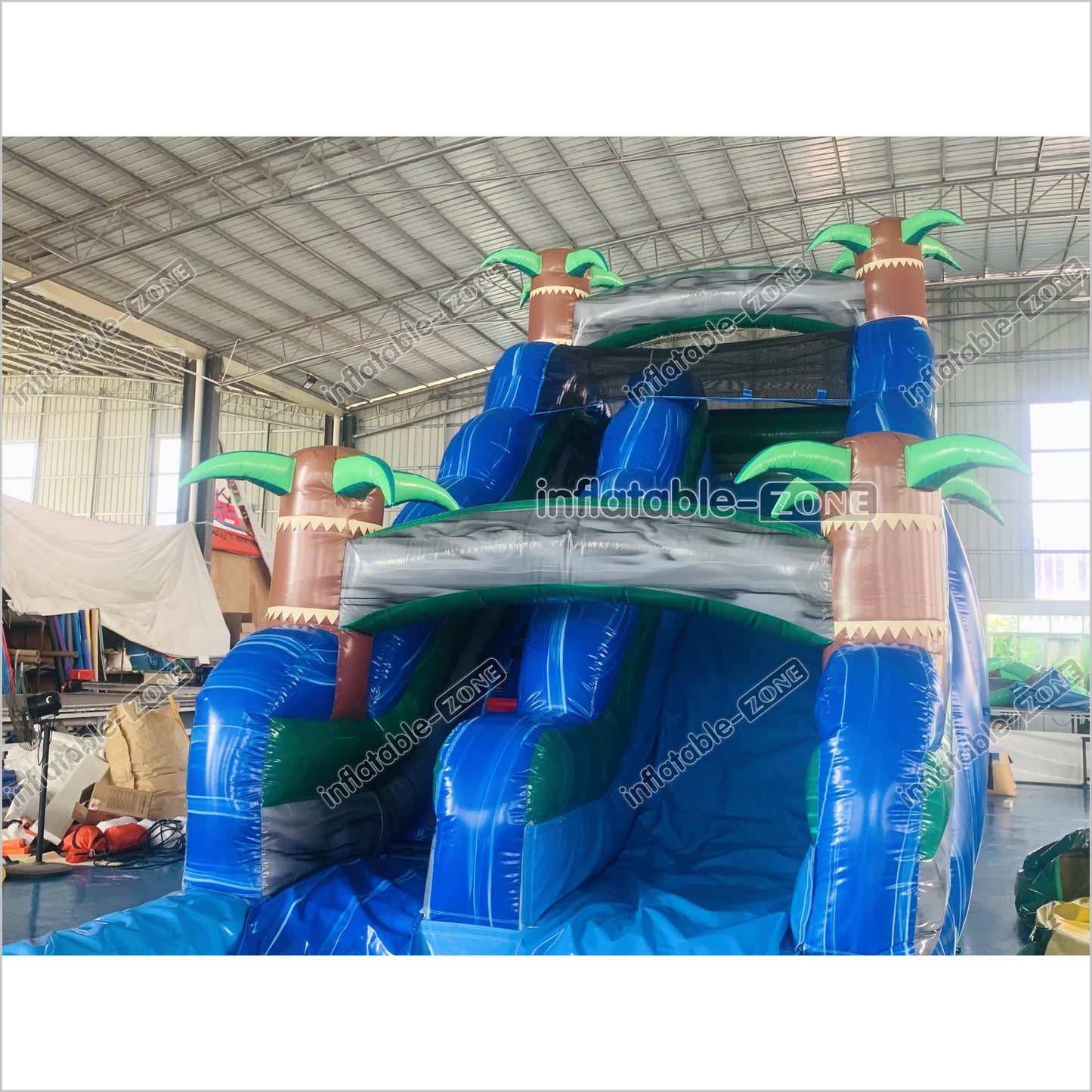 Blue Palm Tree Inflatable Water Slide Inflatable Bouncer Tropical Jumping Castle Waterslide With Small Pool - Inflatable-Zone