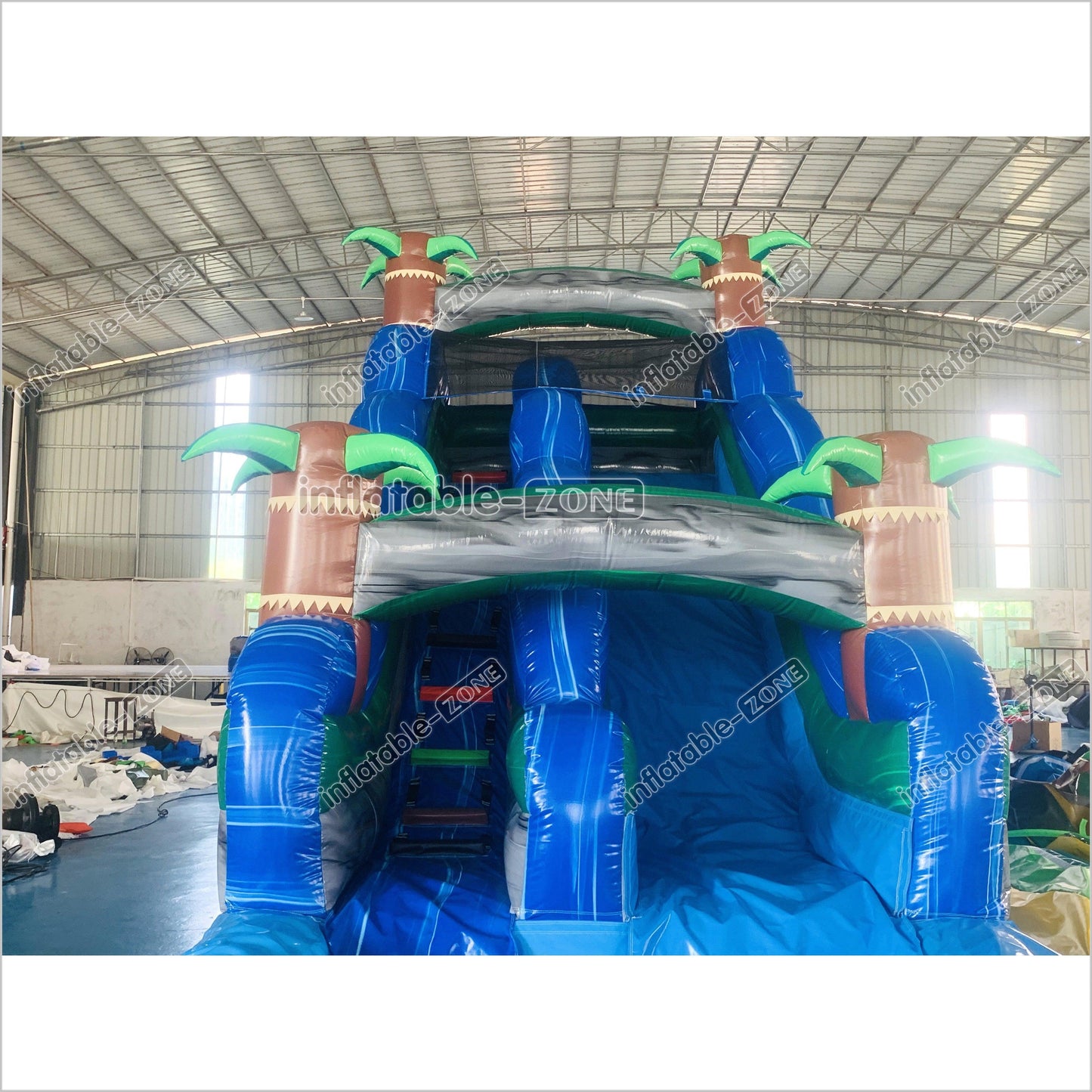 Blue Palm Tree Inflatable Water Slide Inflatable Bouncer Tropical Jumping Castle Waterslide With Small Pool - Inflatable-Zone
