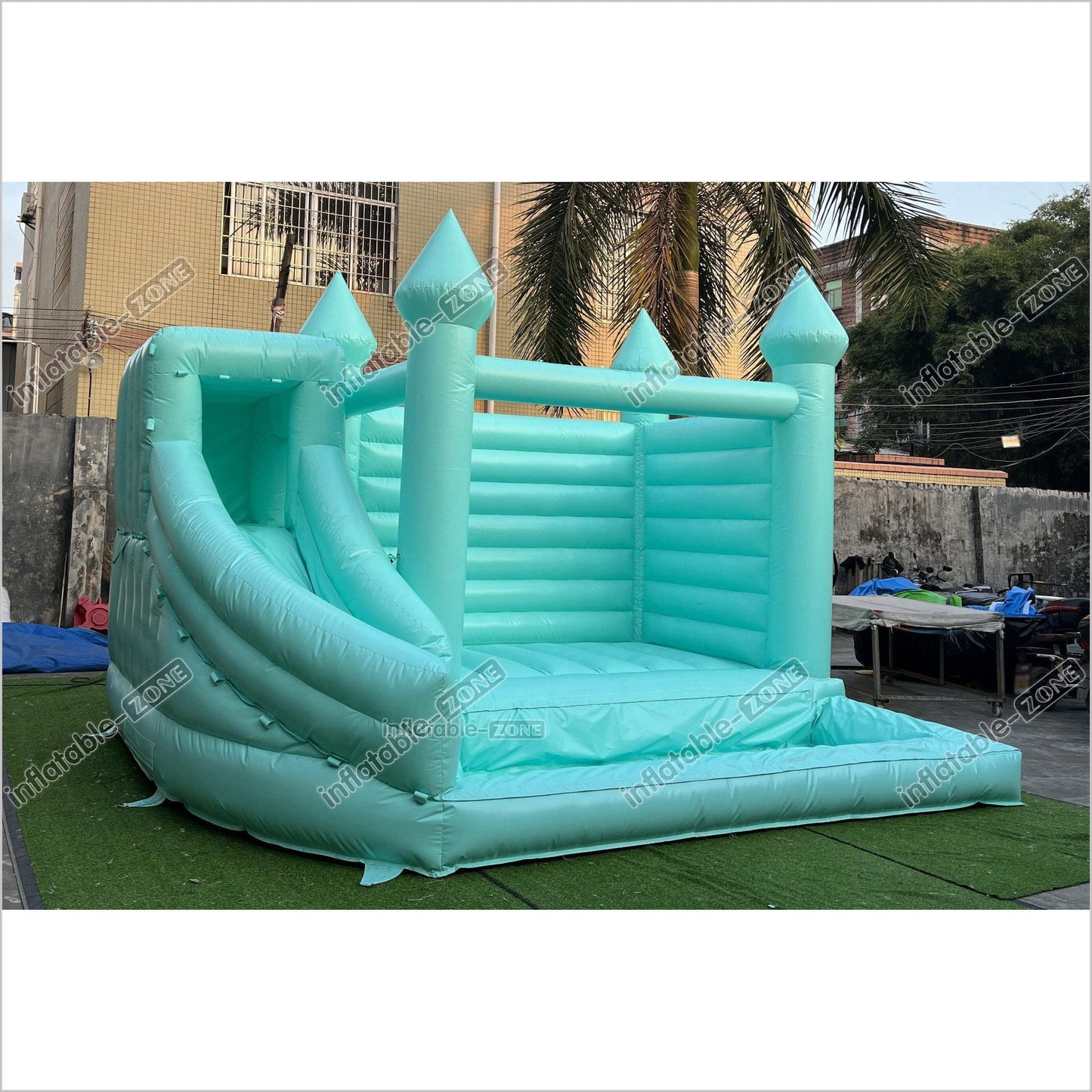Mint Green Bouncy Castle With Slide Combo Happy Jump Inflatables Fun In The Sun Bounce House - Inflatable-Zone