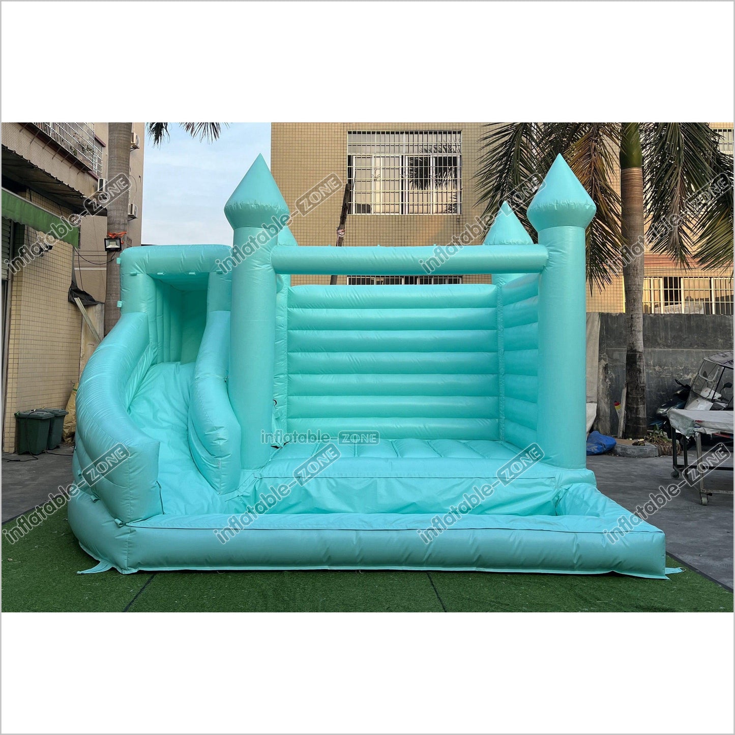 Mint Green Bouncy Castle With Slide Combo Happy Jump Inflatables Fun In The Sun Bounce House - Inflatable-Zone