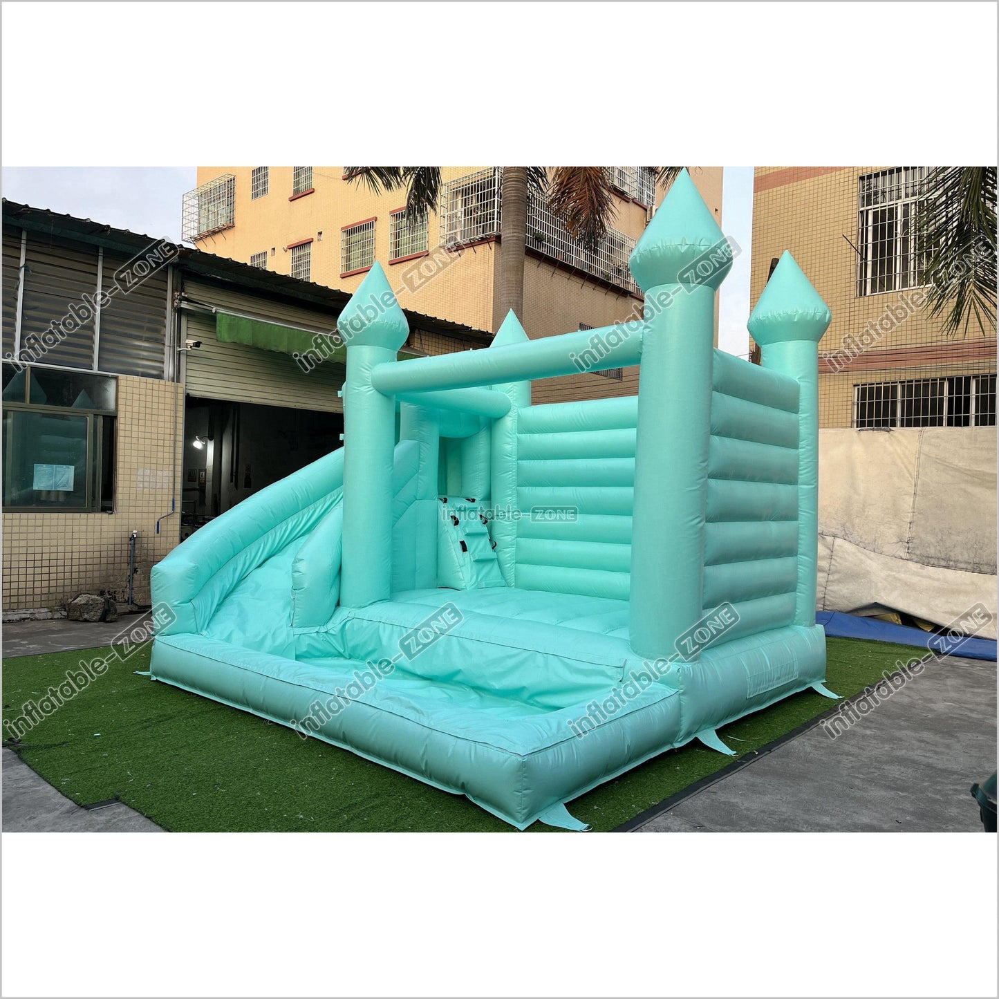 Mint Green Bouncy Castle With Slide Combo Happy Jump Inflatables Fun In The Sun Bounce House - Inflatable-Zone