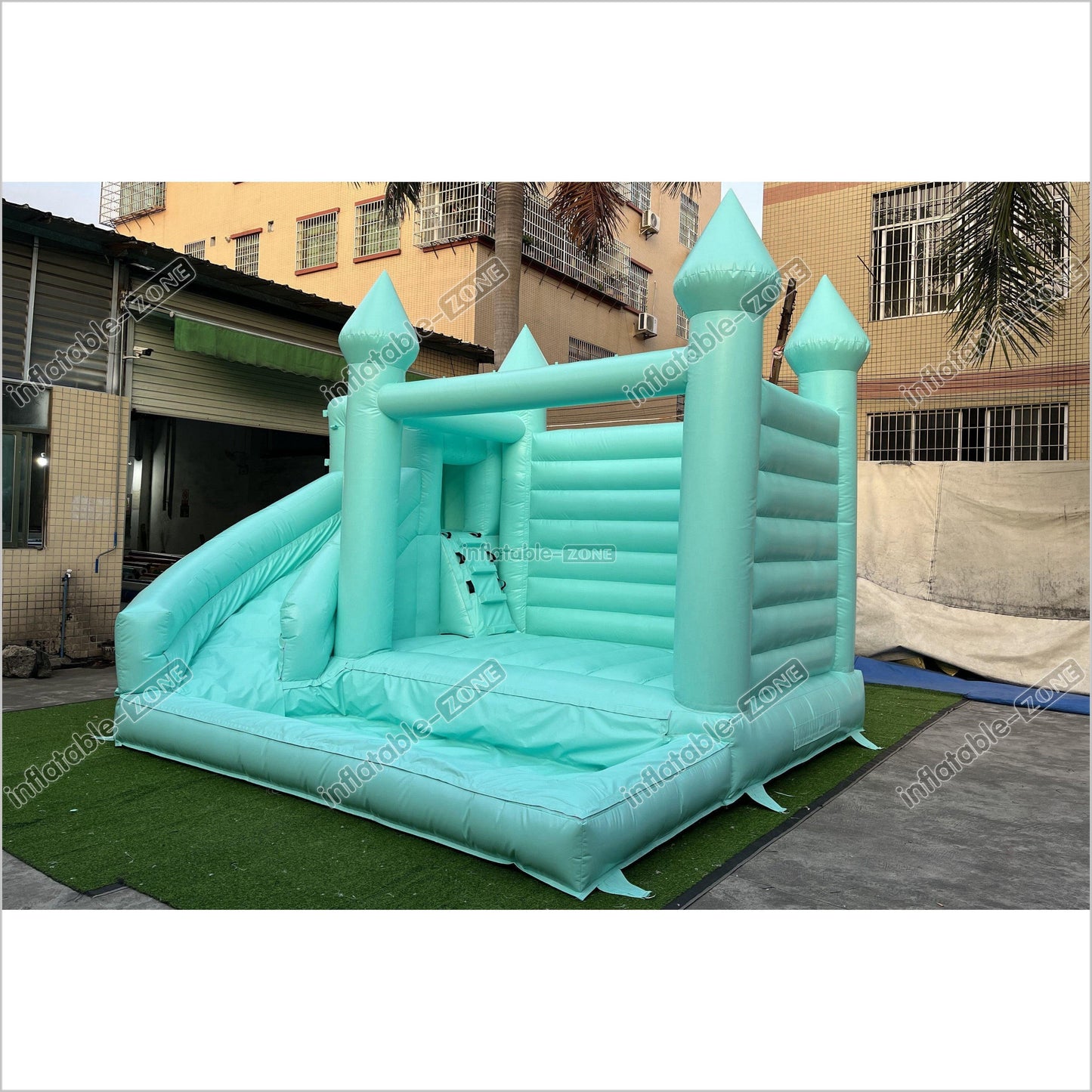 Mint Green Bouncy Castle With Slide Combo Happy Jump Inflatables Fun In The Sun Bounce House - Inflatable-Zone