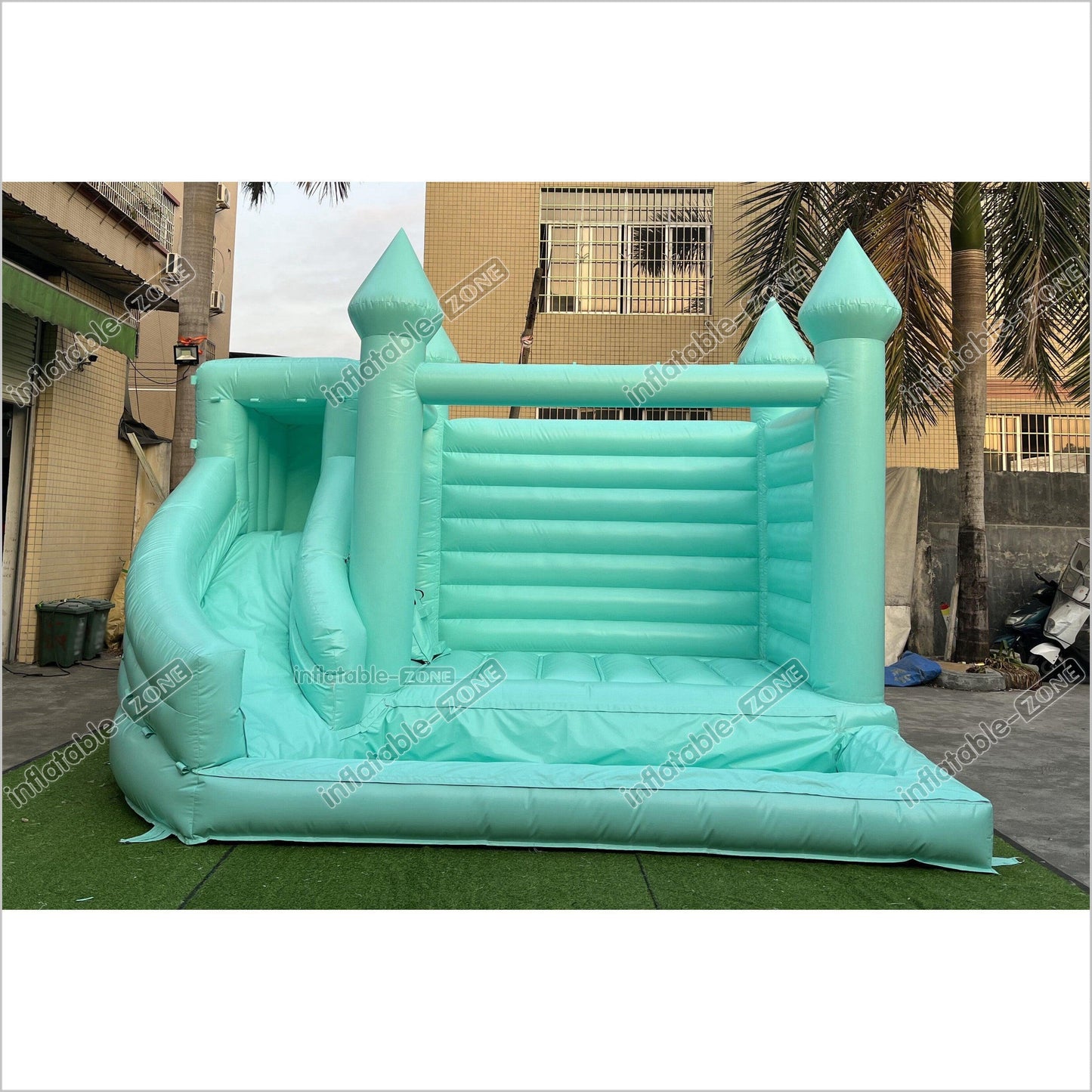 Mint Green Bouncy Castle With Slide Combo Happy Jump Inflatables Fun In The Sun Bounce House - Inflatable-Zone