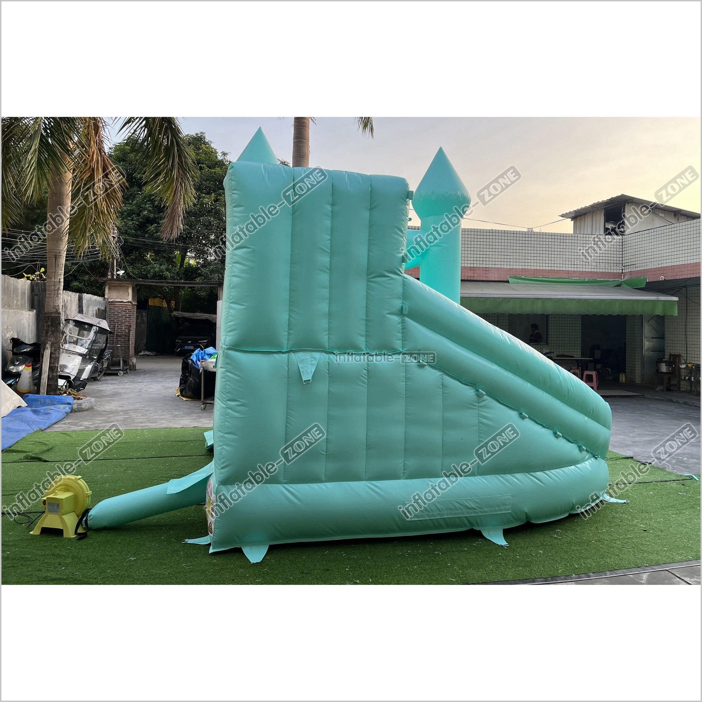 Mint Green Bouncy Castle With Slide Combo Happy Jump Inflatables Fun In The Sun Bounce House - Inflatable-Zone