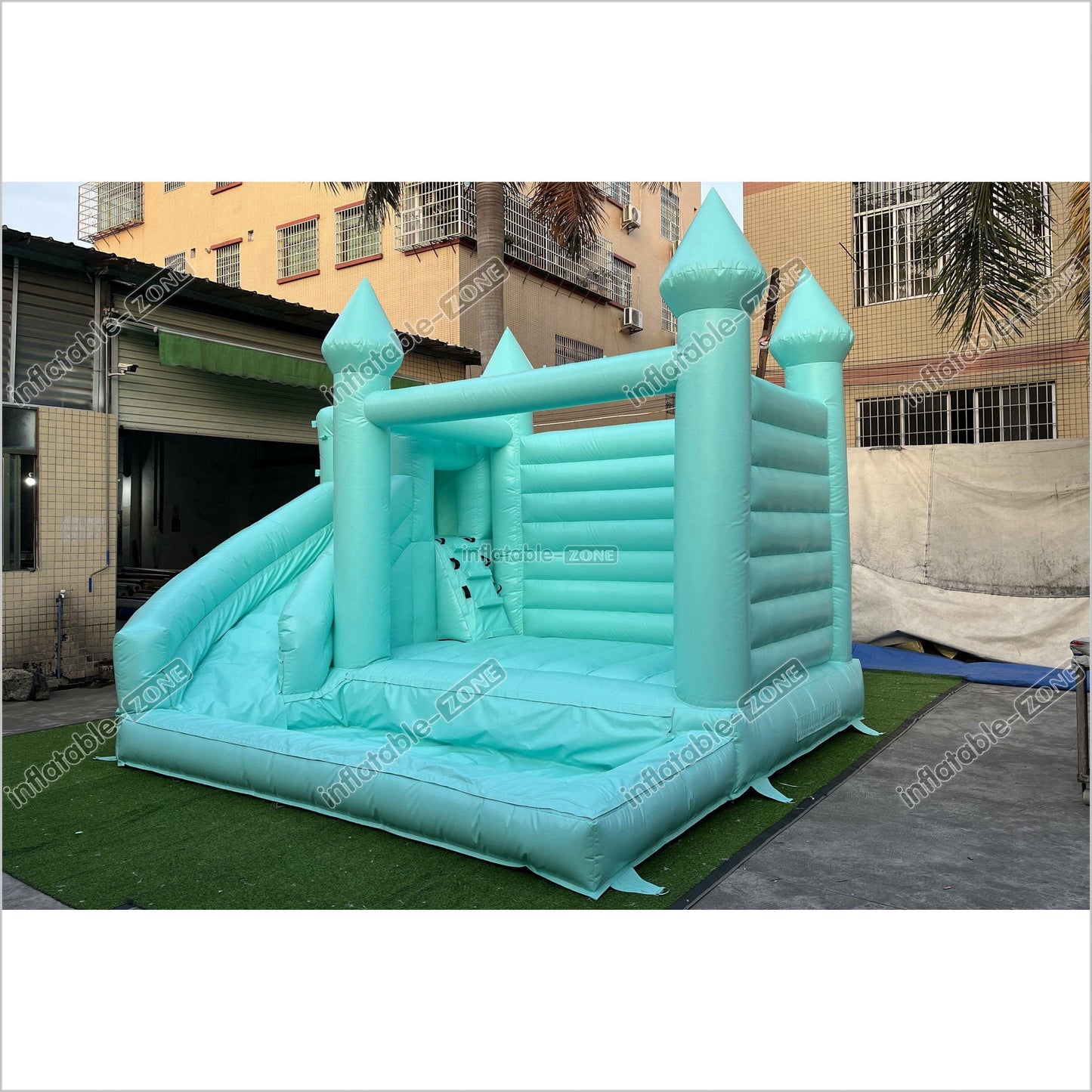 Mint Green Bouncy Castle With Slide Combo Happy Jump Inflatables Fun In The Sun Bounce House - Inflatable-Zone