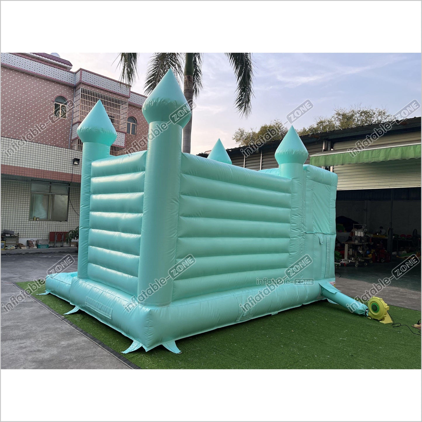 Mint Green Bouncy Castle With Slide Combo Happy Jump Inflatables Fun In The Sun Bounce House - Inflatable-Zone