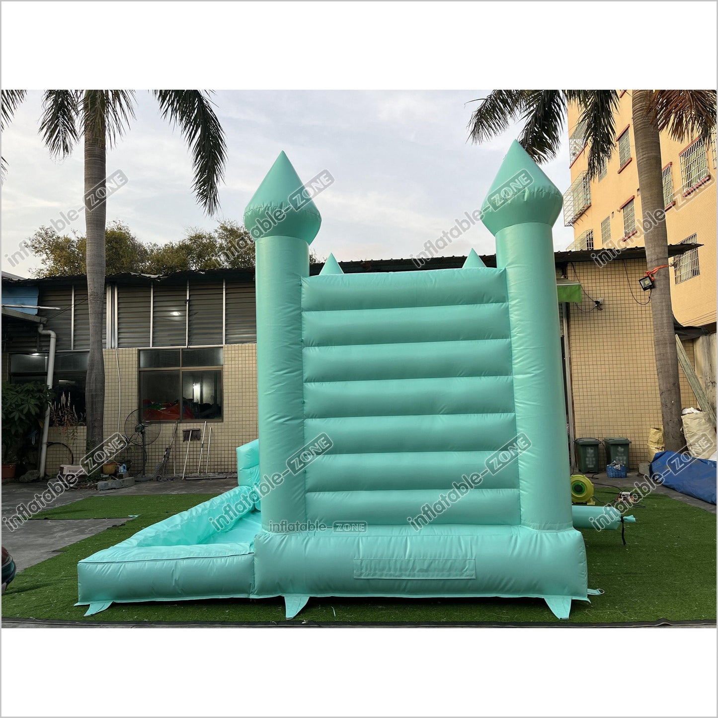 Mint Green Bouncy Castle With Slide Combo Happy Jump Inflatables Fun In The Sun Bounce House - Inflatable-Zone