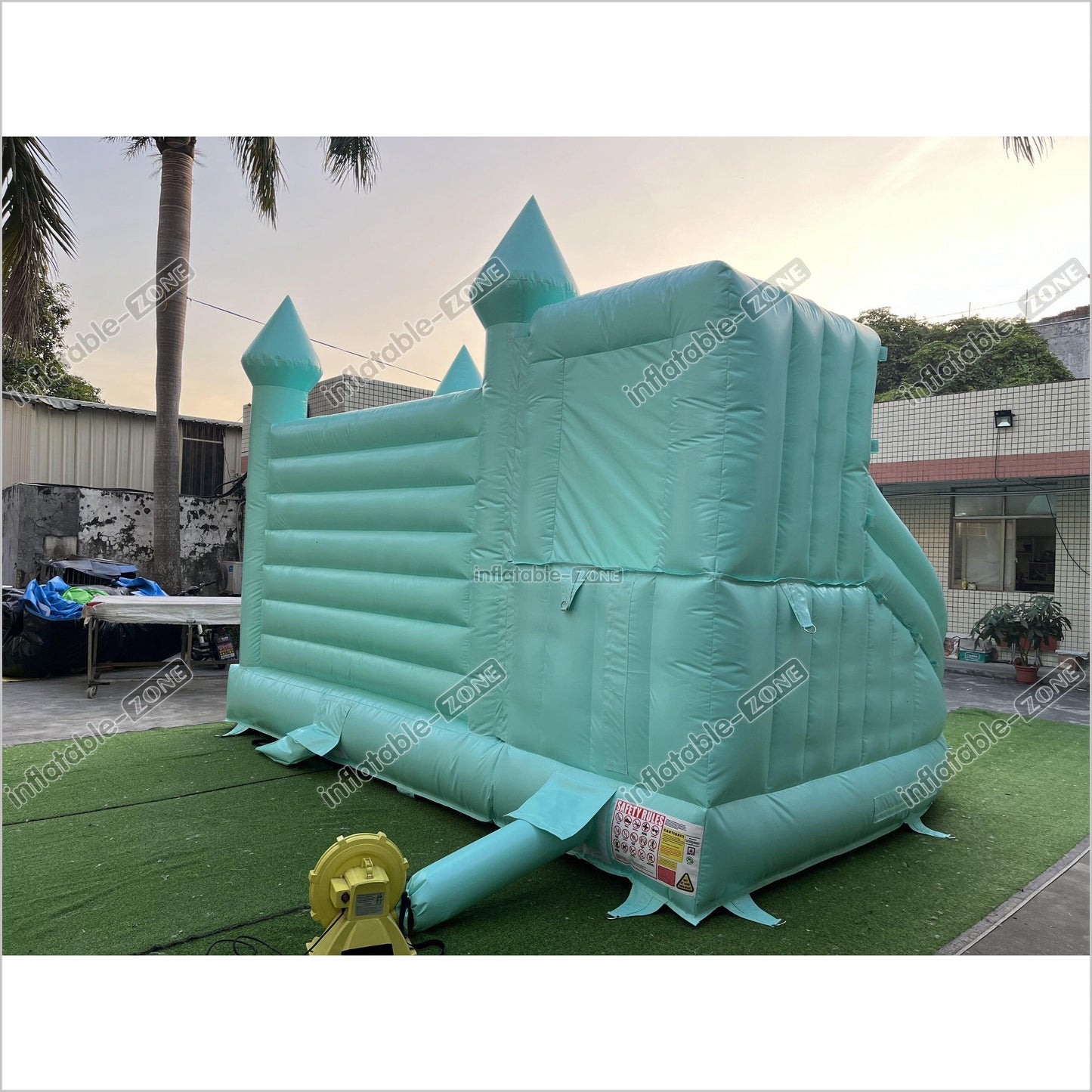 Mint Green Bouncy Castle With Slide Combo Happy Jump Inflatables Fun In The Sun Bounce House - Inflatable-Zone