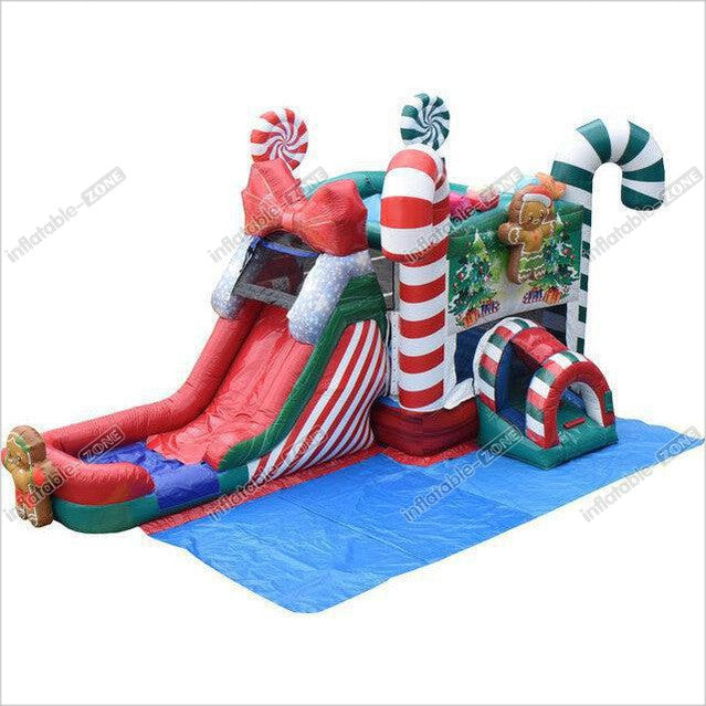 Christmas Bouncy Castle Hire Water Jump House Candy Cane Combo Water Bounce House With Slide - Inflatable-Zone