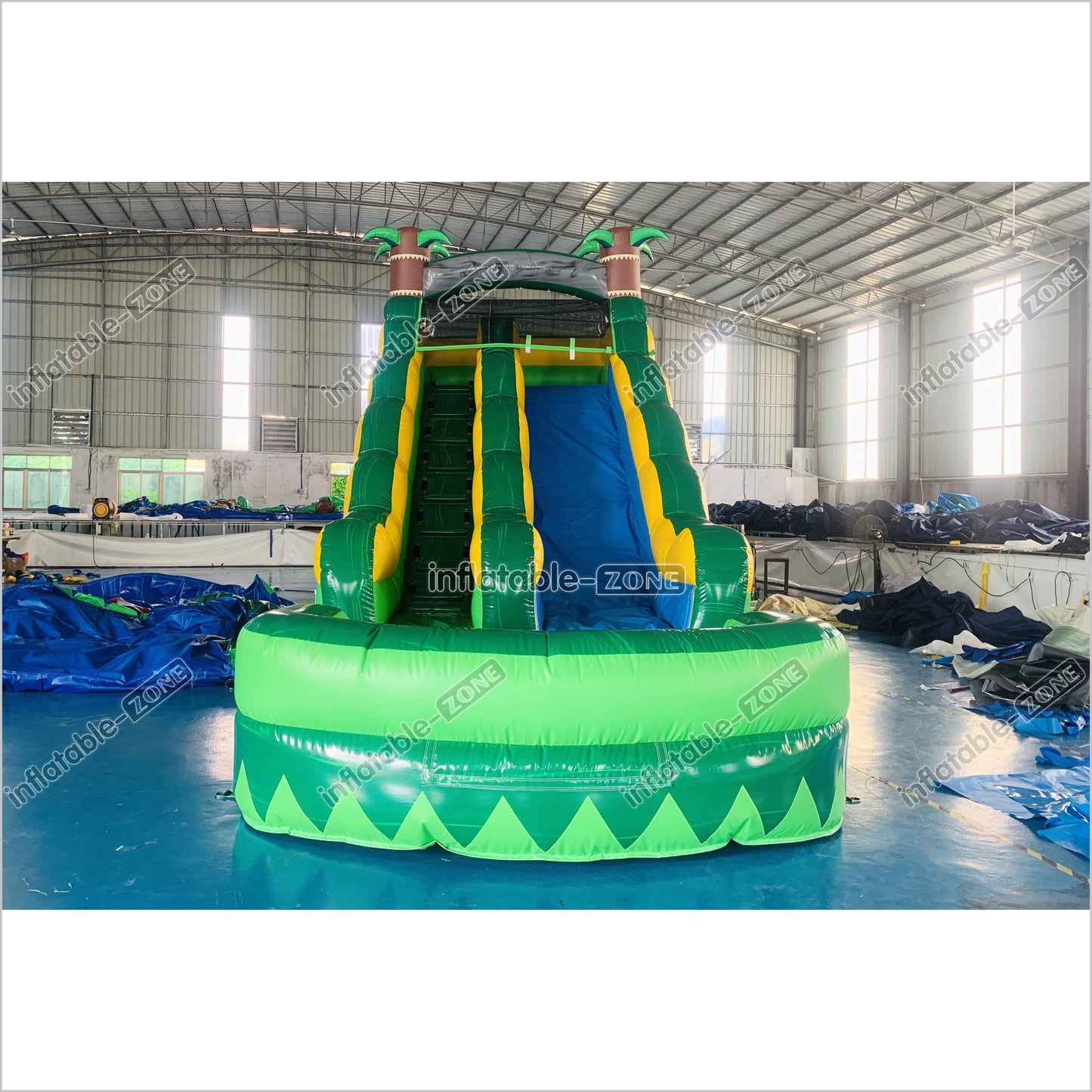 Green Inflatable Palm Tree Water Slide Tropical Rush Waterslide Pool Jump Castle Bouncy Inflatable - Inflatable-Zone