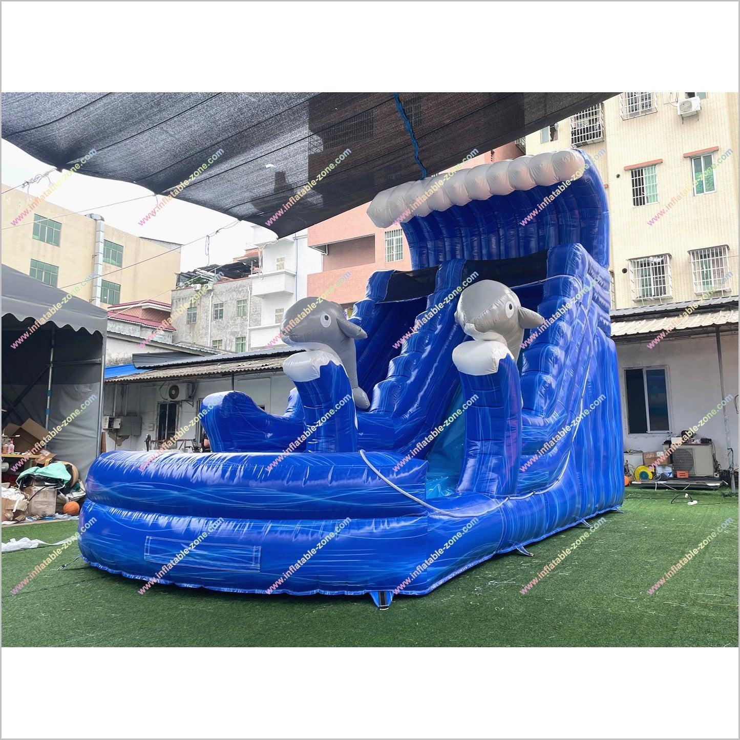 Twin Dolphin Water Slide Inflatables Near Me Ocean Wave Design Big Water Slide Blow Up Splash Pool For Sale