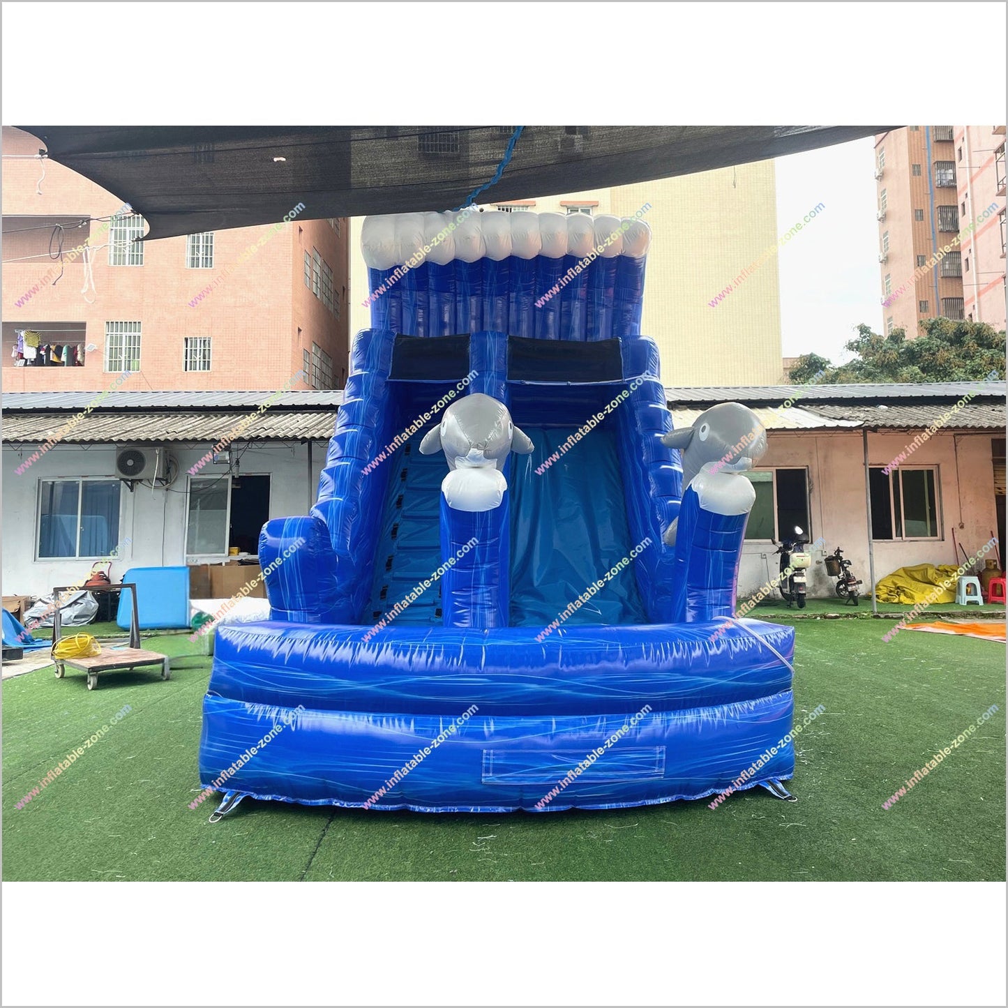 Twin Dolphin Water Slide Inflatables Near Me Ocean Wave Design Big Water Slide Blow Up Splash Pool For Sale
