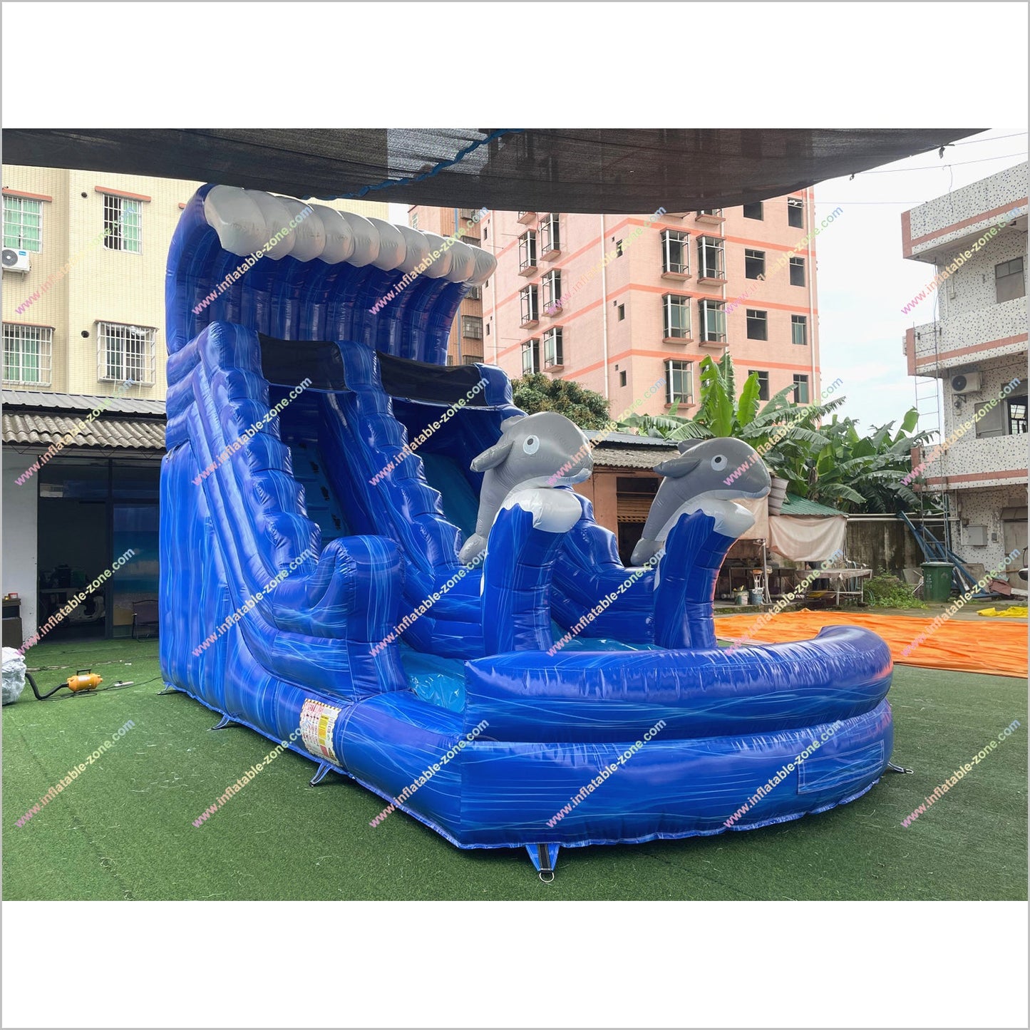 Twin Dolphin Water Slide Inflatables Near Me Ocean Wave Design Big Water Slide Blow Up Splash Pool For Sale