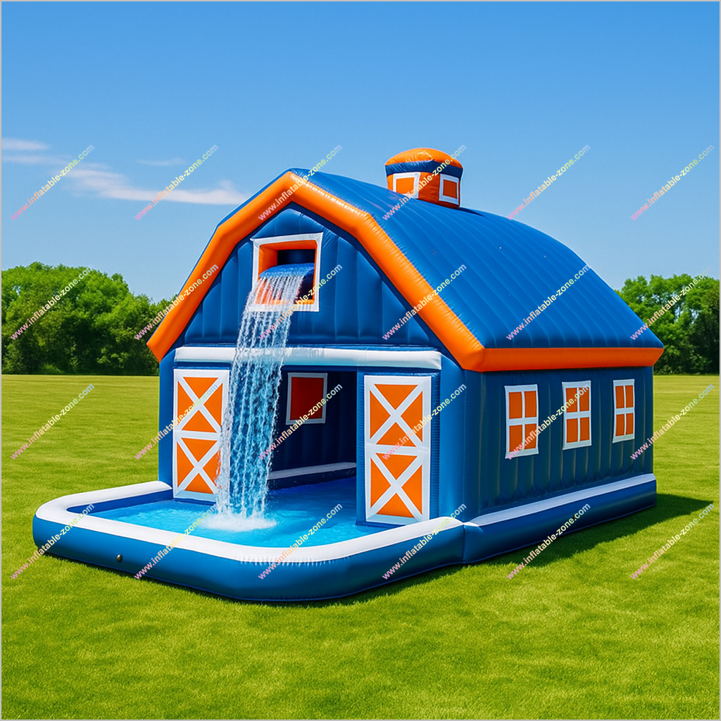 Built-In Waterfall Inflatable Barn Pool Water Park Nearby Swimming Pool Barn Bounce House With A Pool