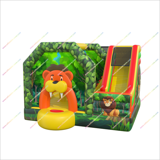 Jungle-Themed Outsunny Bouncy Castle With Slide Friendly Lion Inflatable Slide Combo Bounce House For Rent Near Me