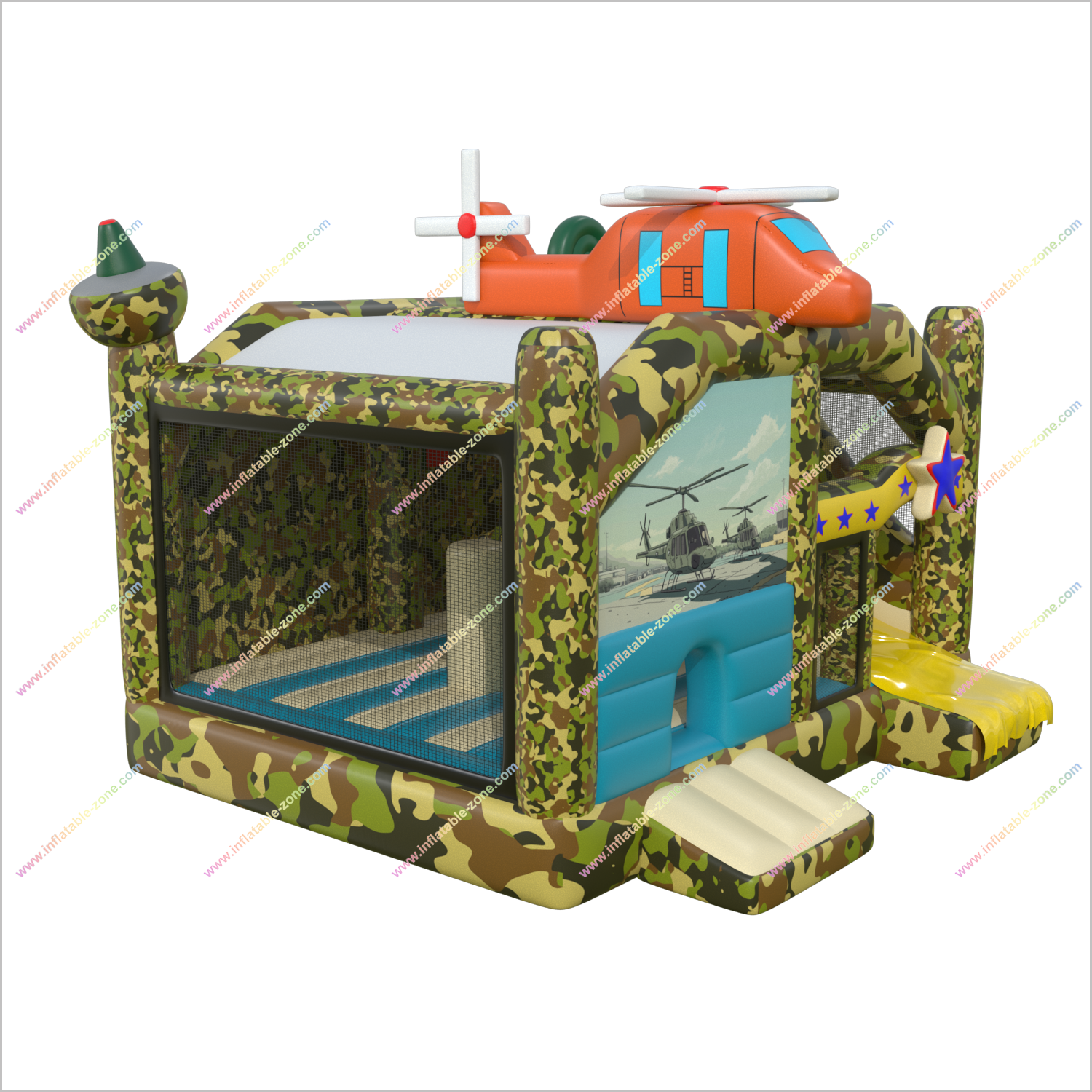 Military-Themed Inflatable Bounce House Nearby Party Slide Rental Helicopter Topper Big Bouncy Castle Slide Combo Battle - Inflatable-Zone
