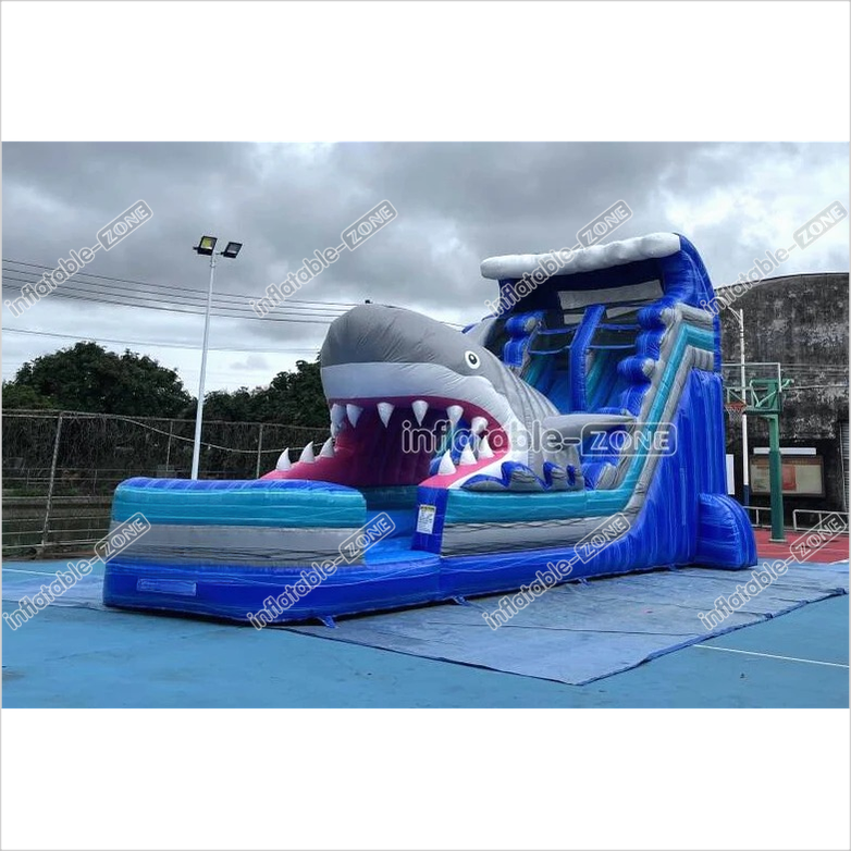 Best Outdoor Inflatable Shark Bouncy Waterslides Giant Inflatable Dual Lane Water Slide With Pool Playground - Inflatable-Zone