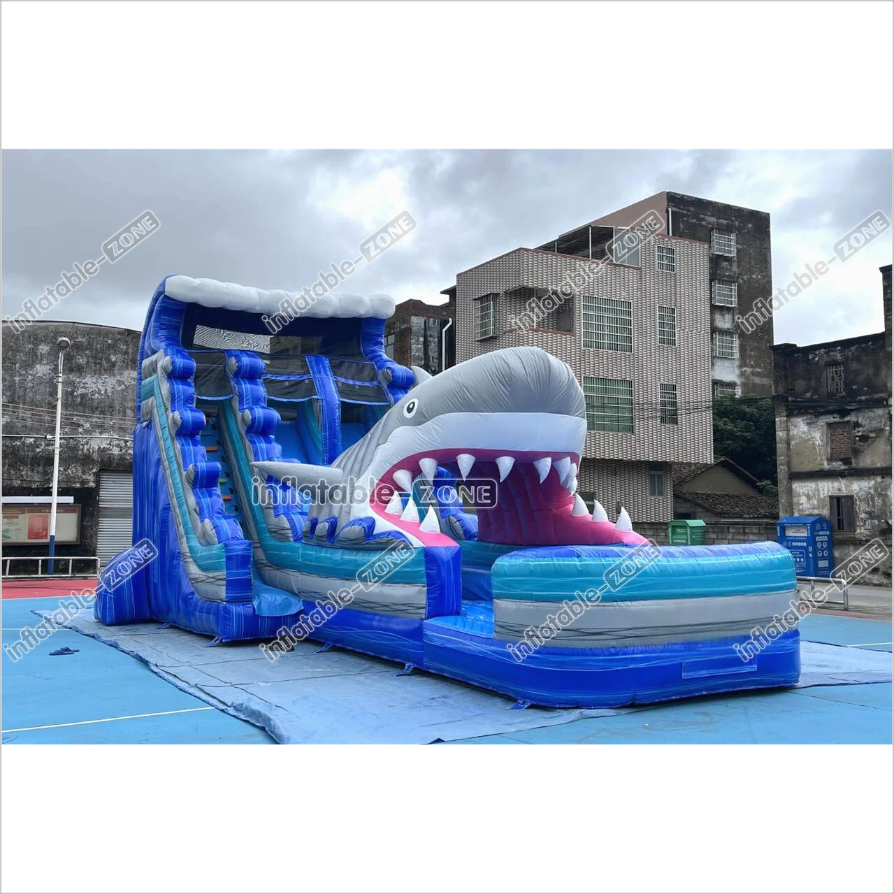 Best Outdoor Inflatable Shark Bouncy Waterslides Giant Inflatable Dual Lane Water Slide With Pool Playground - Inflatable-Zone