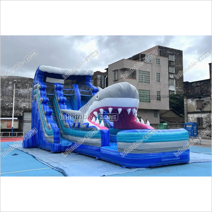Best Outdoor Inflatable Shark Bouncy Waterslides Giant Inflatable Dual Lane Water Slide With Pool Playground - Inflatable-Zone