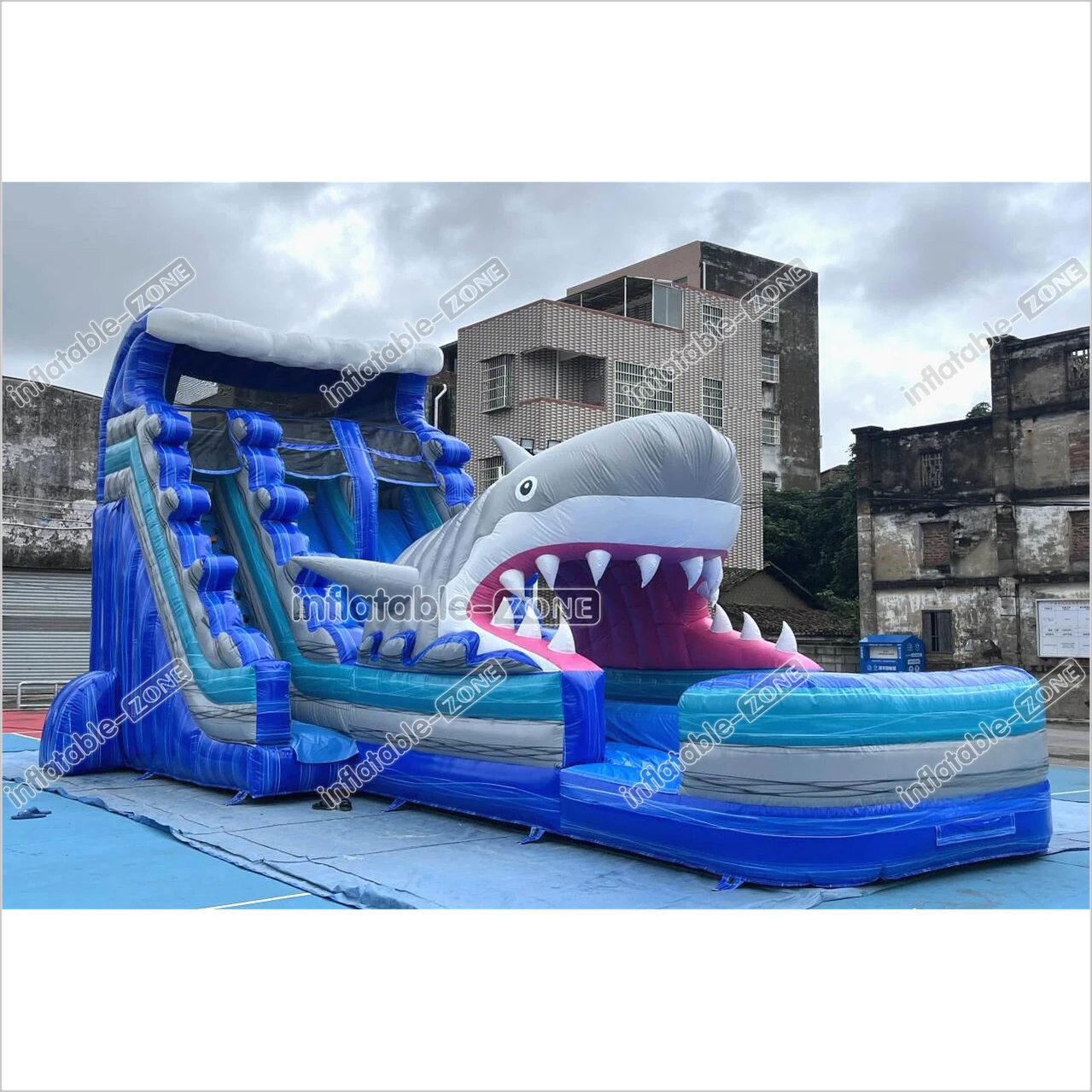 Best Outdoor Inflatable Shark Bouncy Waterslides Giant Inflatable Dual Lane Water Slide With Pool Playground - Inflatable-Zone