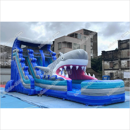 Best Outdoor Inflatable Shark Bouncy Waterslides Giant Inflatable Dual Lane Water Slide With Pool Playground - Inflatable-Zone
