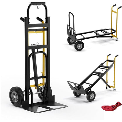 Convertible Hand Truck, 3-in-1 Metal Dolly Cart with 4 Rubber Wheels, 1000 lbs Max Load Capacity, Heavy-Duty Industrial Collapsible Cart - Inflatable-Zone