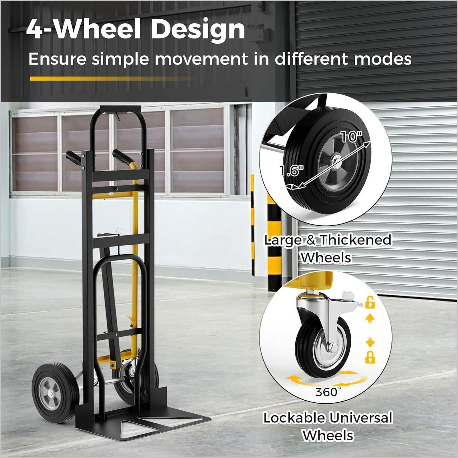Convertible Hand Truck, 3-in-1 Metal Dolly Cart with 4 Rubber Wheels, 1000 lbs Max Load Capacity, Heavy-Duty Industrial Collapsible Cart - Inflatable-Zone