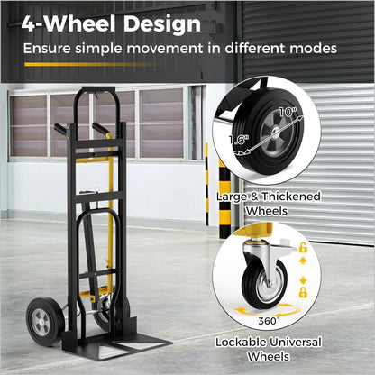 Convertible Hand Truck, 3-in-1 Metal Dolly Cart with 4 Rubber Wheels, 1000 lbs Max Load Capacity, Heavy-Duty Industrial Collapsible Cart - Inflatable-Zone