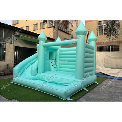 Mint Green Bouncy Castle With Slide Combo Happy Jump Inflatables Fun In The Sun Bounce House - Inflatable-Zone