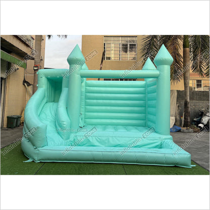 Mint Green Bouncy Castle With Slide Combo Happy Jump Inflatables Fun In The Sun Bounce House - Inflatable-Zone