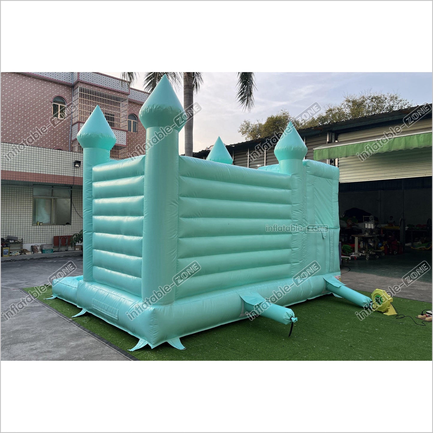 Mint Green Bouncy Castle With Slide Combo Happy Jump Inflatables Fun In The Sun Bounce House - Inflatable-Zone