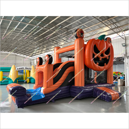 Halloween Themed Pumpkin Inflatable Jumping Castle Slide Combo Giant Inflatable Jack O Lantern Bounce House With Slide Indoor