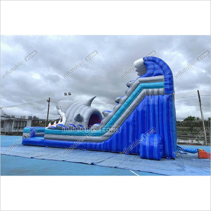 Best Outdoor Inflatable Shark Bouncy Waterslides Giant Inflatable Dual Lane Water Slide With Pool Playground - Inflatable-Zone