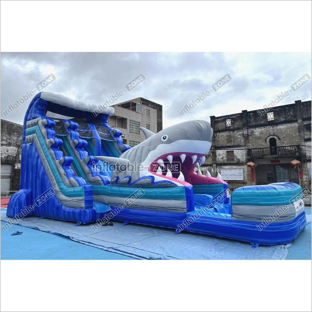 Best Outdoor Inflatable Shark Bouncy Waterslides Giant Inflatable Dual Lane Water Slide With Pool Playground - Inflatable-Zone