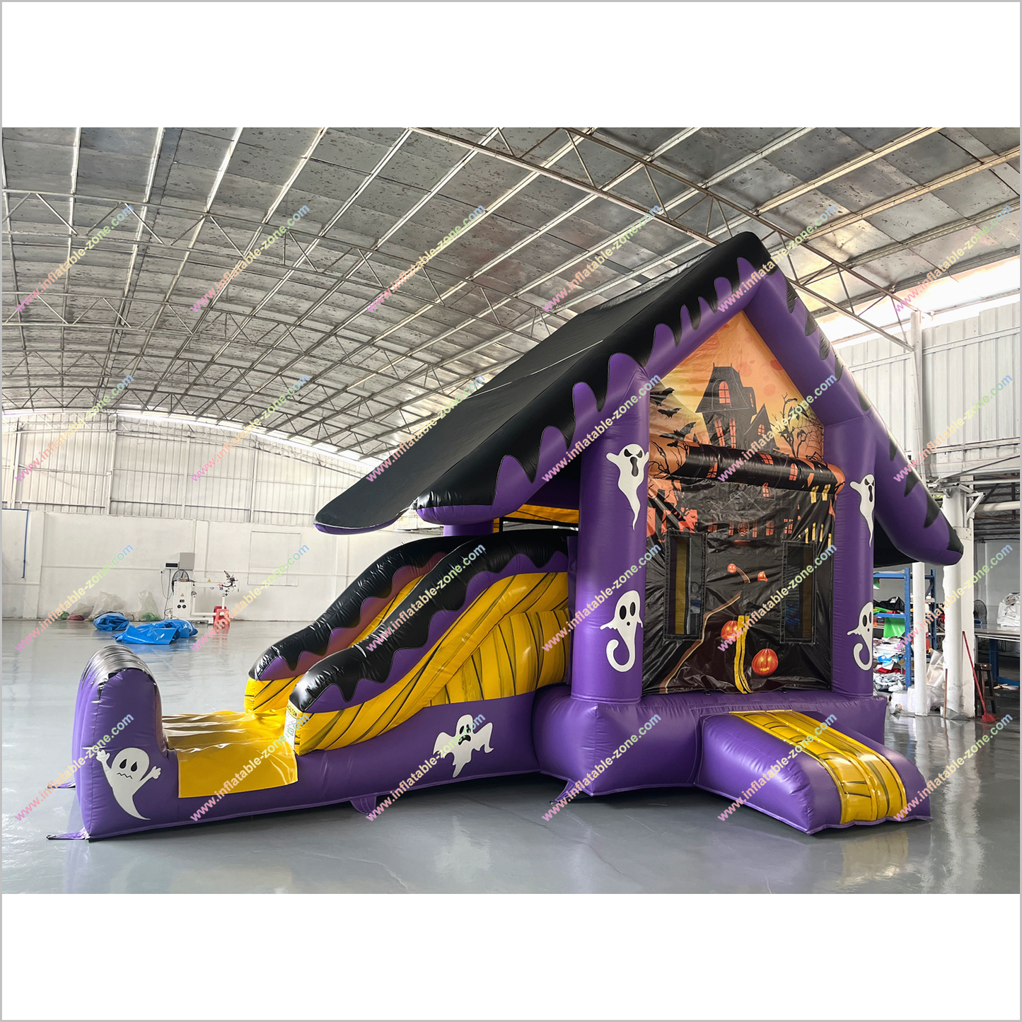 Haunted House Halloween Inflatable Bounce And Slide Rentals Purple And Black Combo Slide Bouncy Castle For Sale