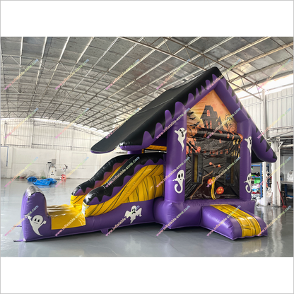 Haunted House Halloween Inflatable Bounce And Slide Rentals Purple And Black Combo Slide Bouncy Castle For Sale