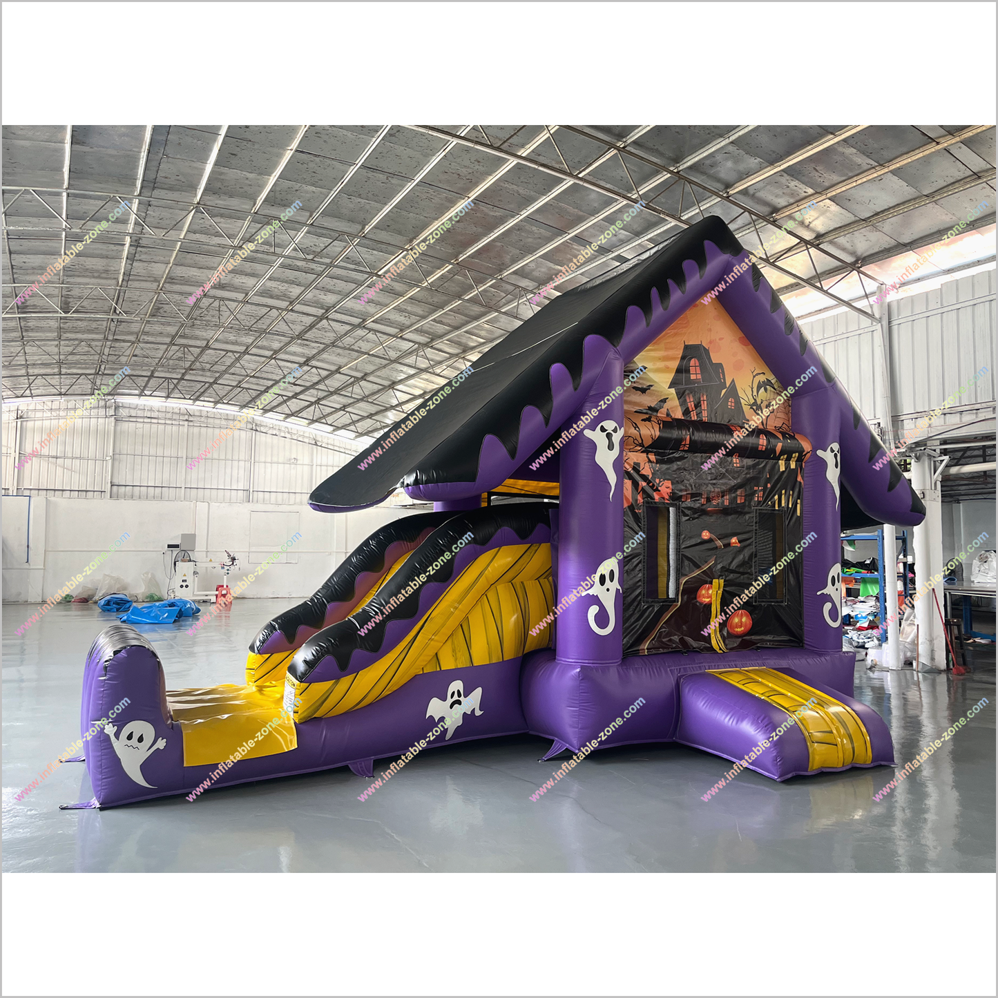 Haunted House Halloween Inflatable Bounce And Slide Rentals Purple And Black Combo Slide Bouncy Castle For Sale