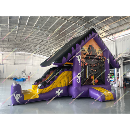 Haunted House Halloween Inflatable Bounce And Slide Rentals Purple And Black Combo Slide Bouncy Castle For Sale