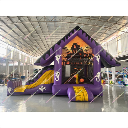 Haunted House Halloween Inflatable Bounce And Slide Rentals Purple And Black Combo Slide Bouncy Castle For Sale