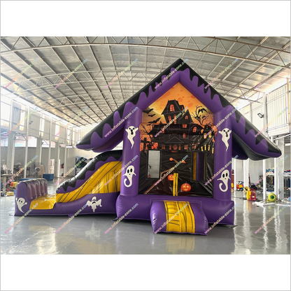 Haunted House Halloween Inflatable Bounce And Slide Rentals Purple And Black Combo Slide Bouncy Castle For Sale
