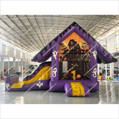 Haunted House Halloween Inflatable Bounce And Slide Rentals Purple And Black Combo Slide Bouncy Castle For Sale